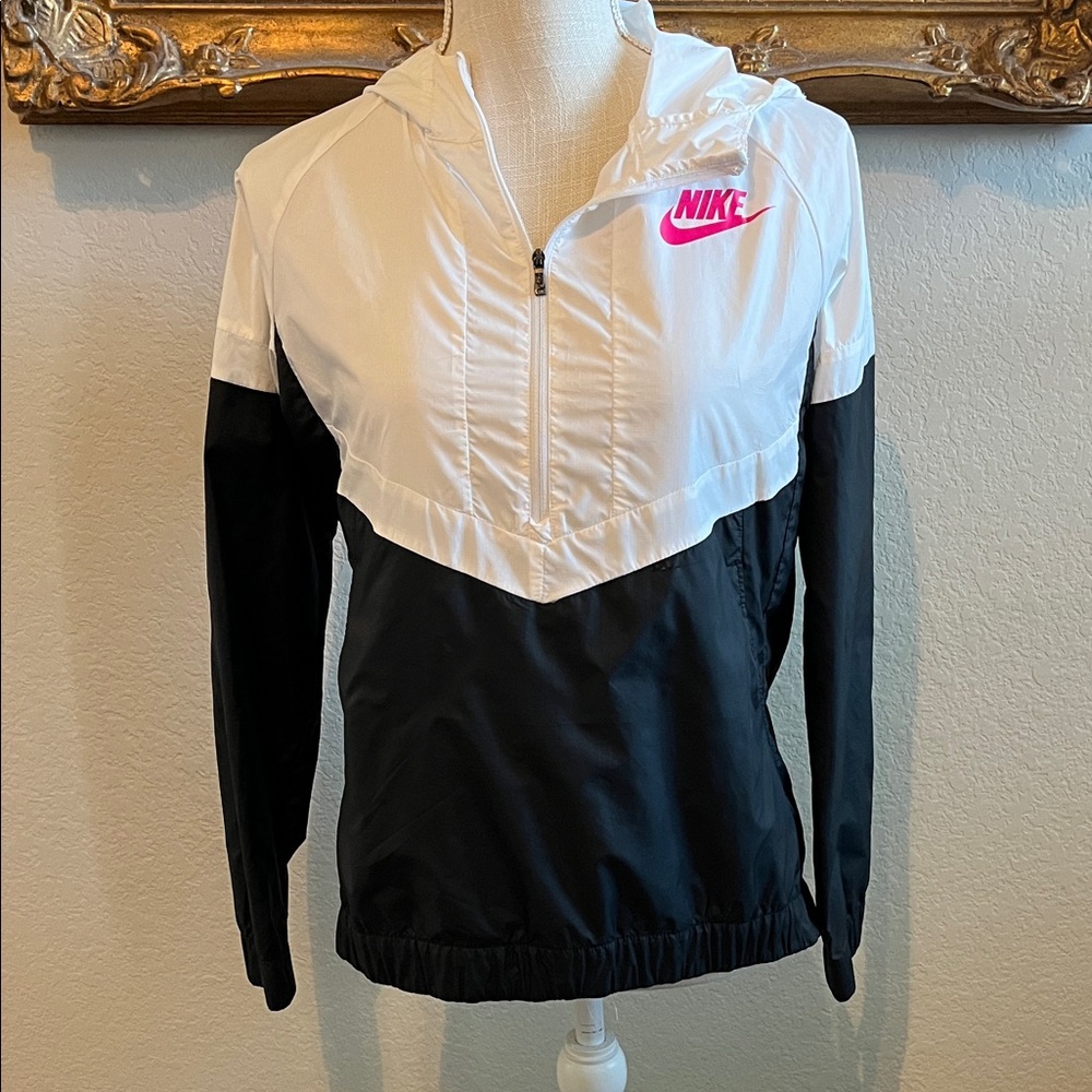 Nike Black and White Hooded Jacket with Pink Logo